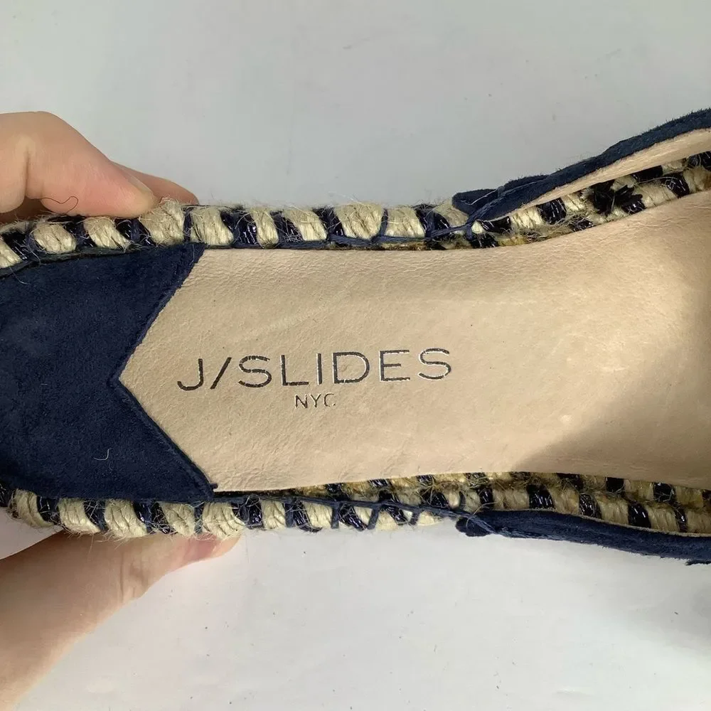 J/SLIDES Dark Blue Suede Bow Espadrille Women Open Slides Sz 8 Coastal,Travel